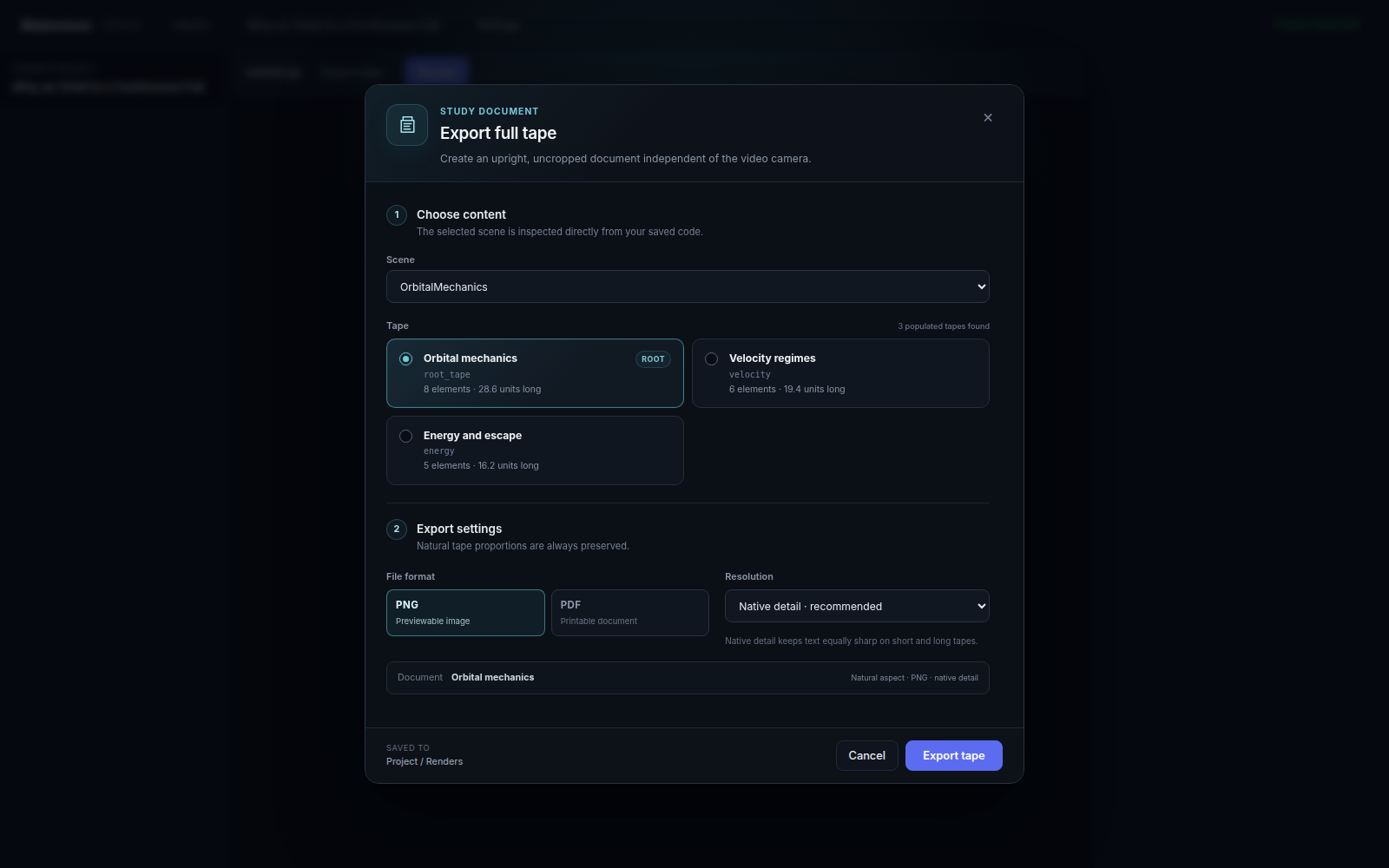 Matemium full-tape export dialog